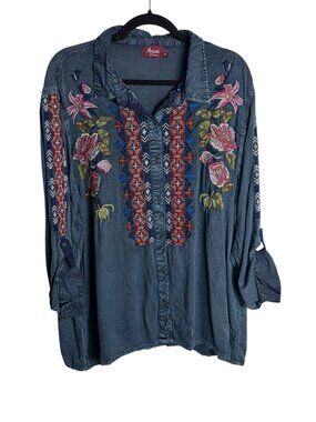 Avani Del Amour Size 2x Embroidered Chambray Button Down Blouse Boho Western Top